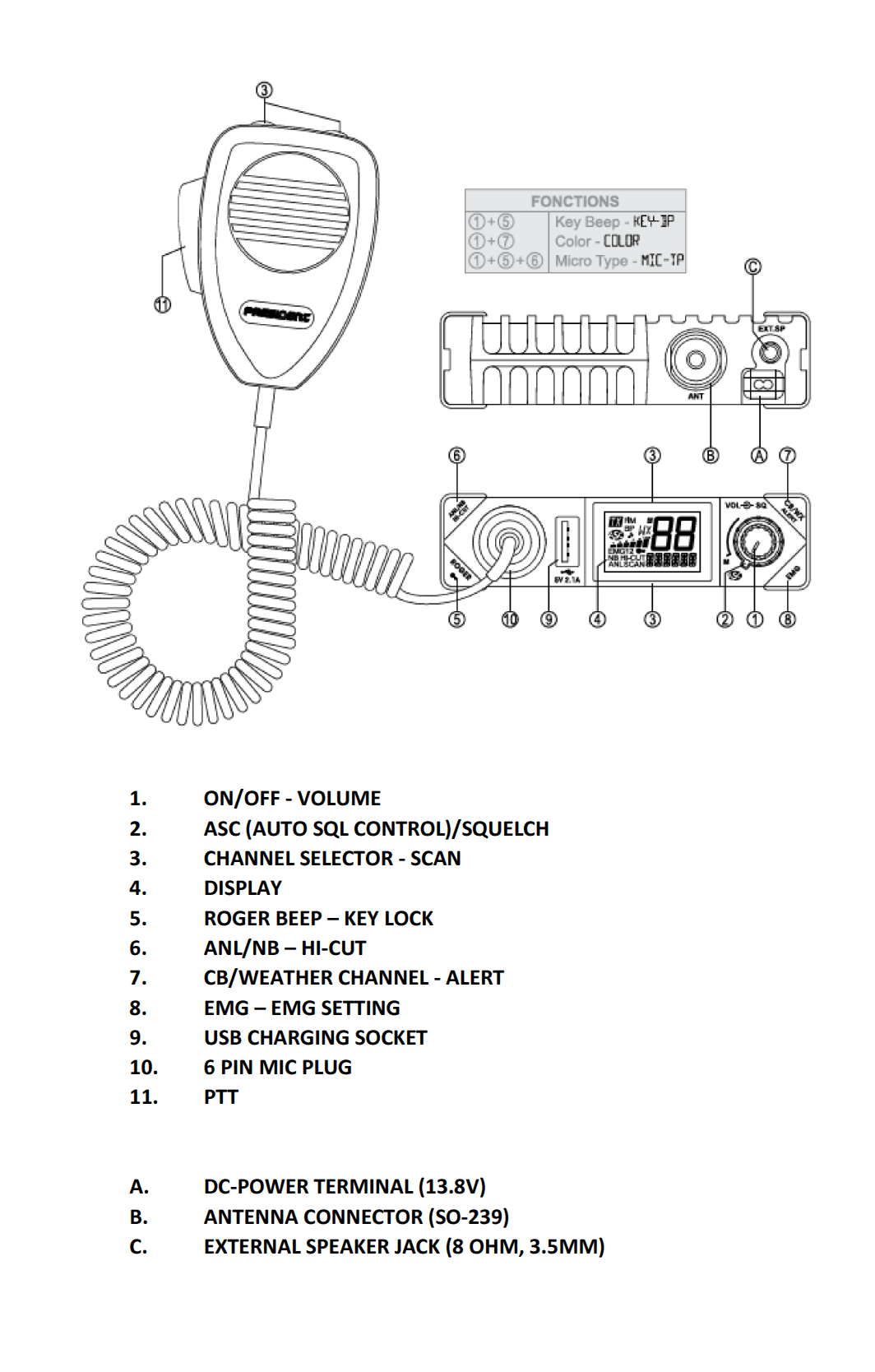 President Electronics BILL CB Radio, 40 Channels AM, 12 Volts, USB 5V/2.1A,  Up/Down Channel Selector, Volume Adjustment and ON/OFF, Manual Squelch and